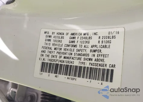 2016 Honda Accord Lx z USA, uszkodzony, nr VIN 1HGCR2F34GA106540